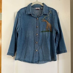 Tantrums Denim Button-Up Shirt with Giraffe Embroidery